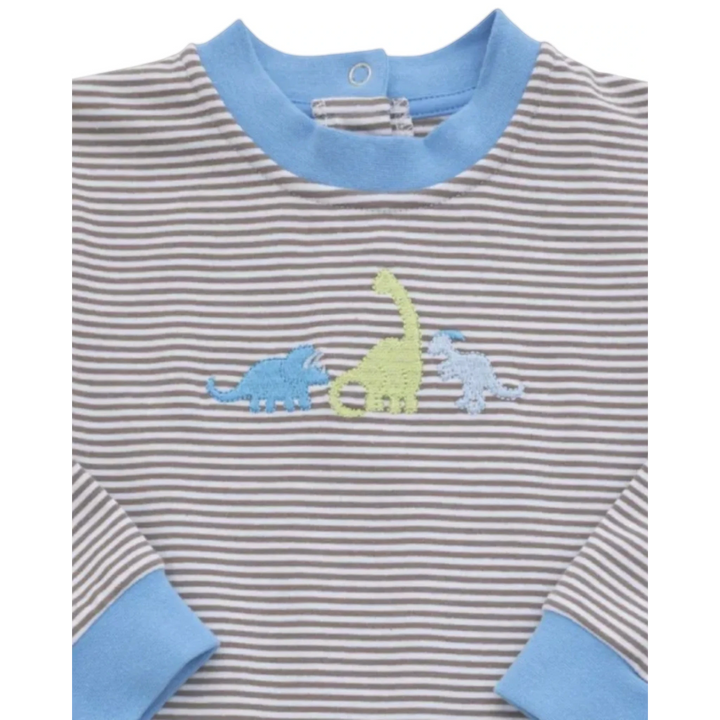 That Store brown striped baby romper with embroidered dinosaur trio and blue trim details