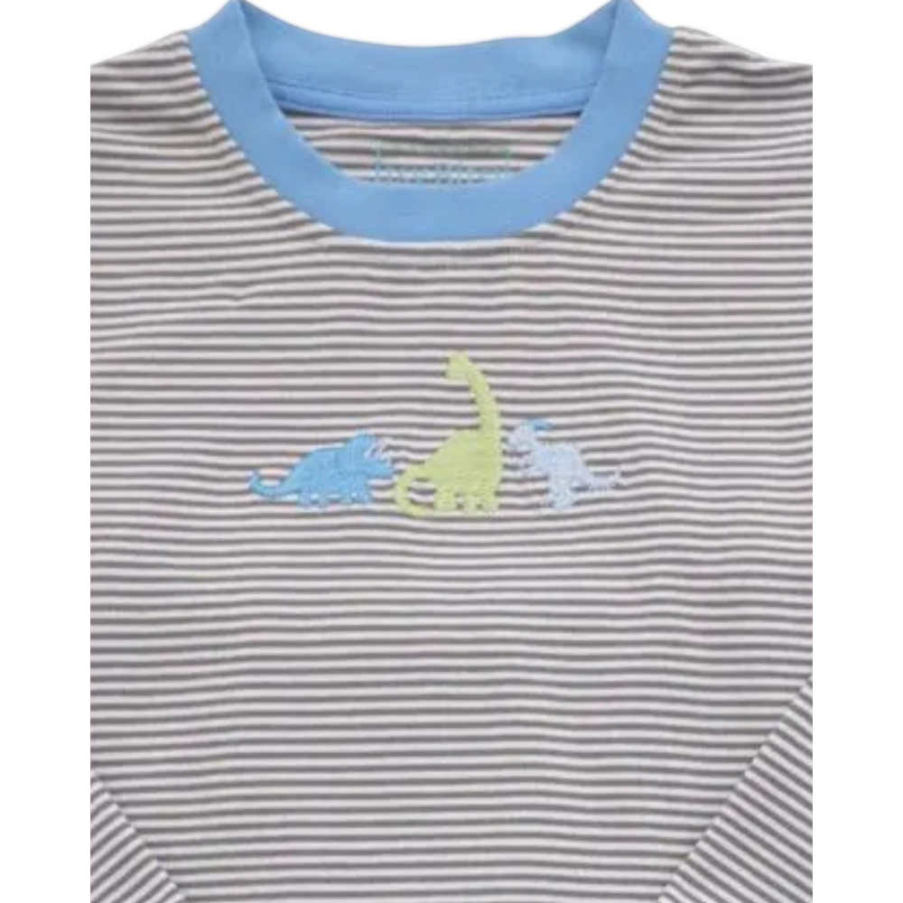 That Store boys long sleeve shirt with brown stripes and embroidered dinosaur trio in blue and green