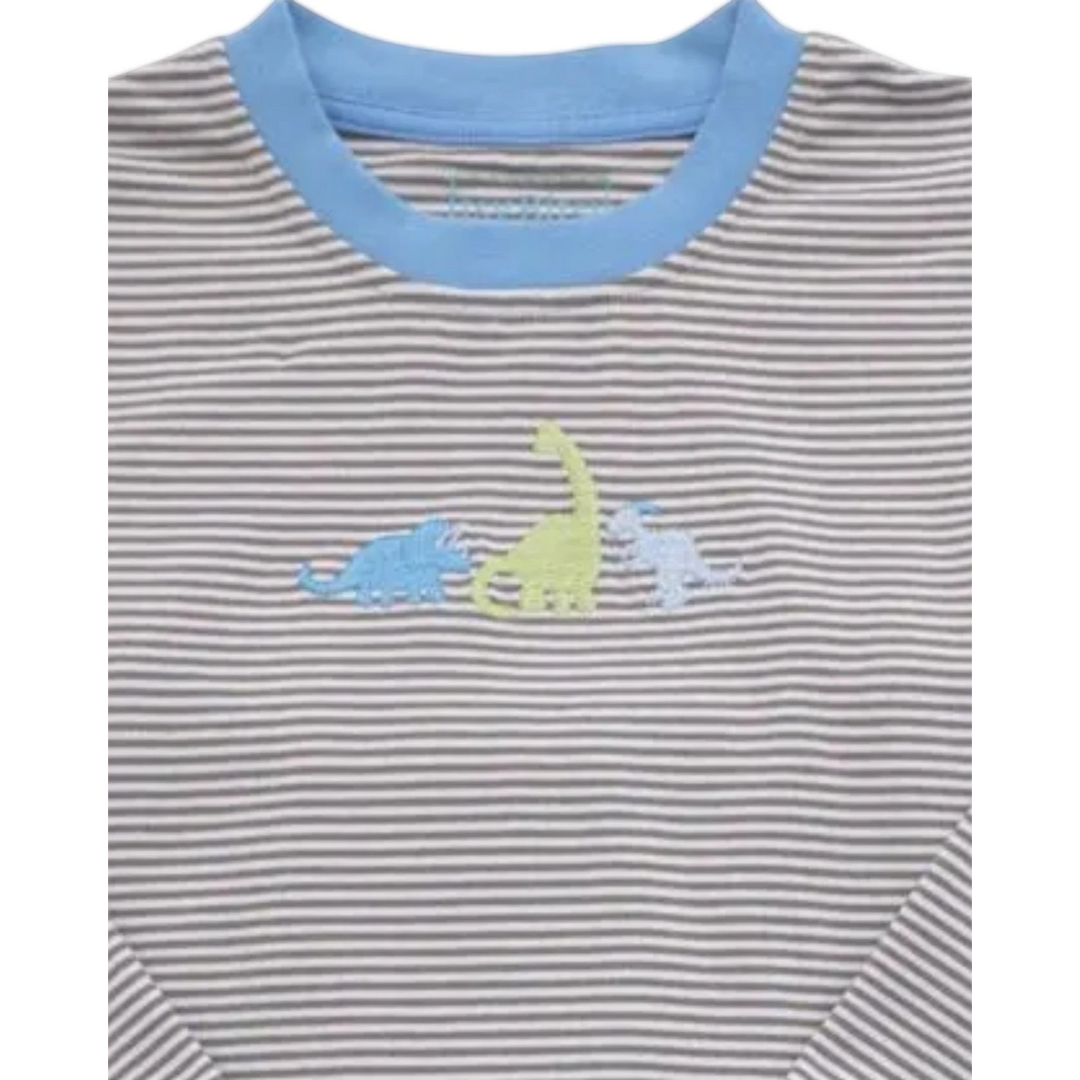 That Store boys long sleeve shirt with brown stripes and embroidered dinosaur trio in blue and green