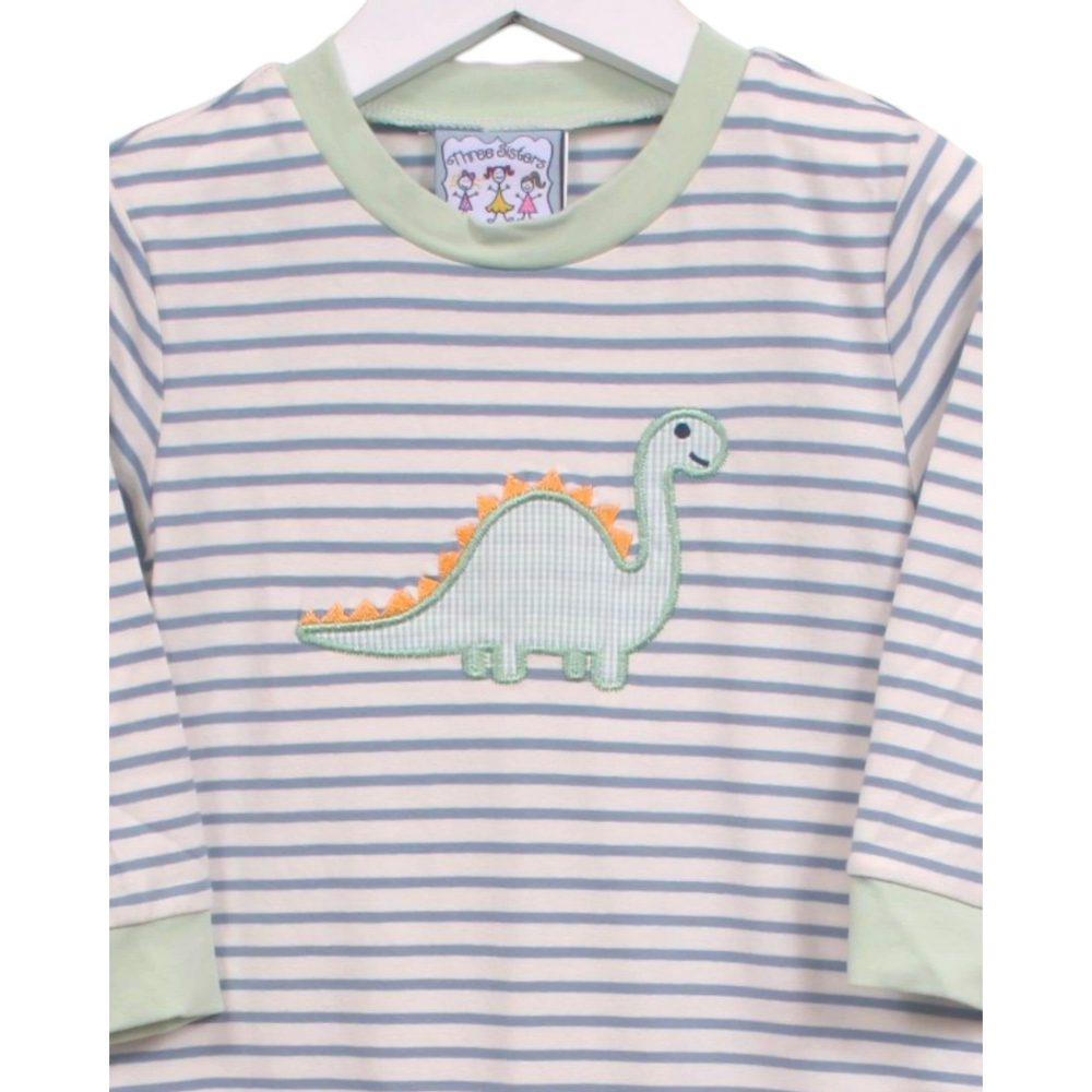 That Store boys romper in blue stripes with a green dinosaur applique on the chest, made from soft cotton blend.