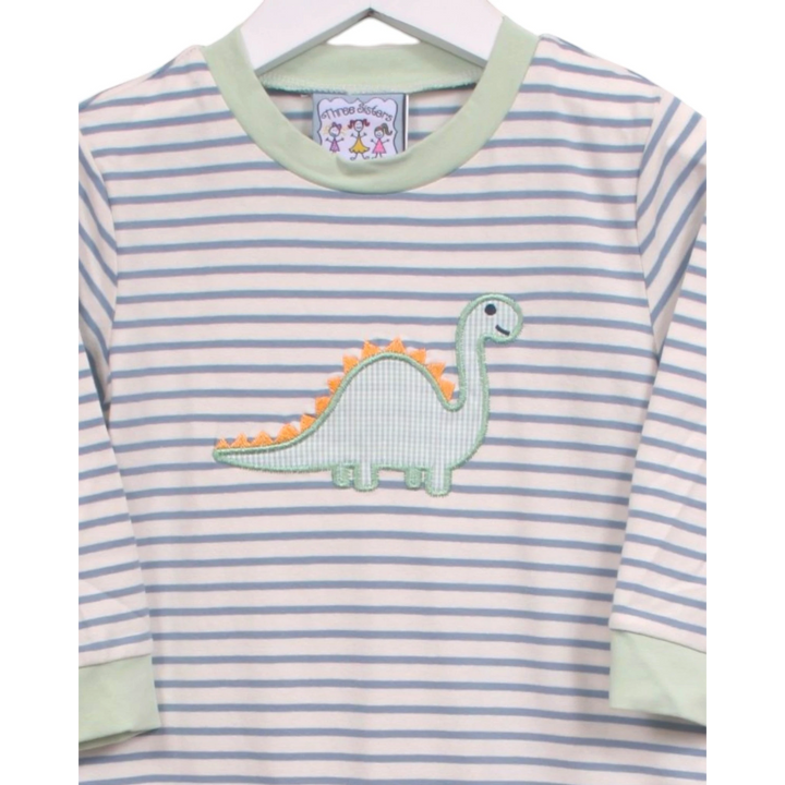That Store boys romper in blue stripes with a green dinosaur applique on the chest, made from soft cotton blend.