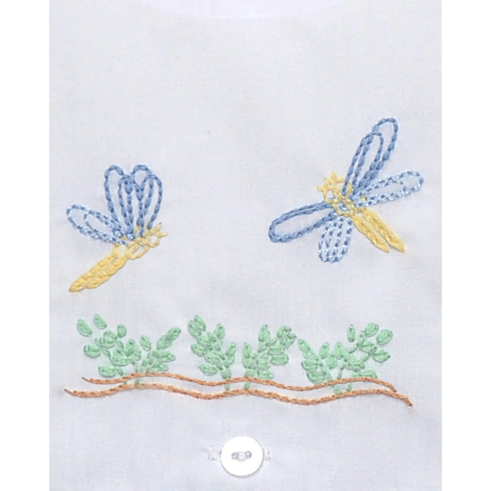 That Store blue bubble romper featuring embroidered yellow and blue dragonflies and green foliage on white fabric