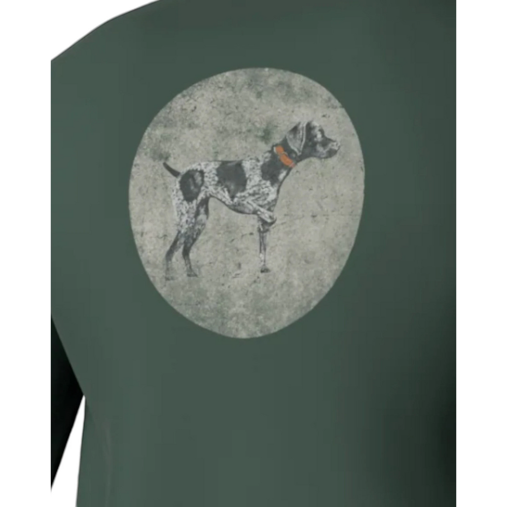 That Store duck green long sleeve pocket tee featuring a vintage circular graphic of a spotted dog with an orange collar