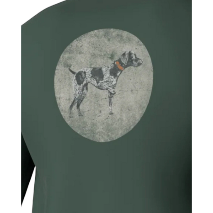 That Store duck green long sleeve pocket tee featuring a vintage circular graphic of a spotted dog with an orange collar