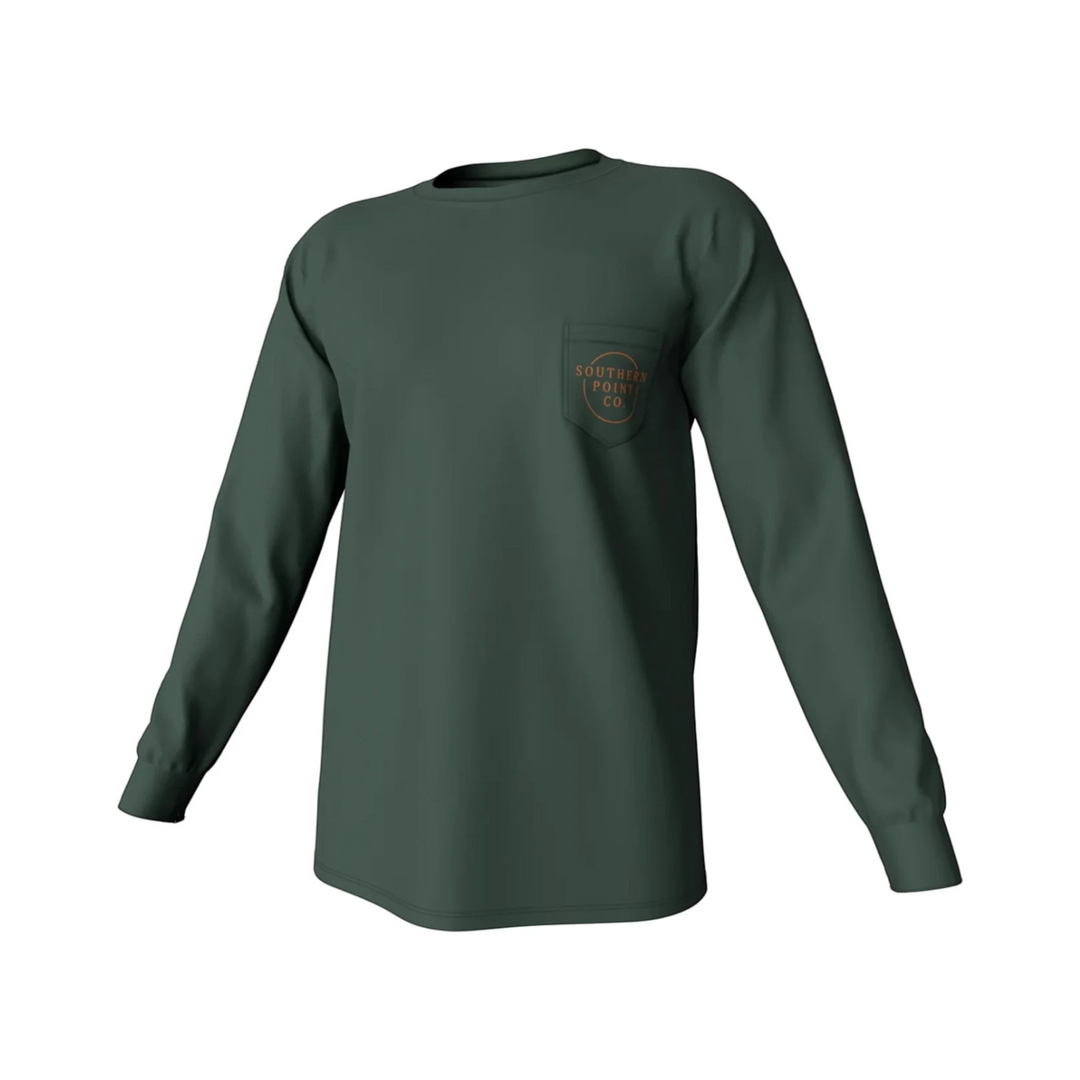 That Store youth long sleeve pocket tee in duck green with a circular Southern Point Co logo on the chest pocket