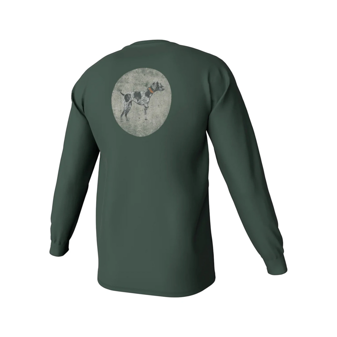 That Store duck green long sleeve tee with a vintage circle dog graphic on the back, made from soft cotton blend.