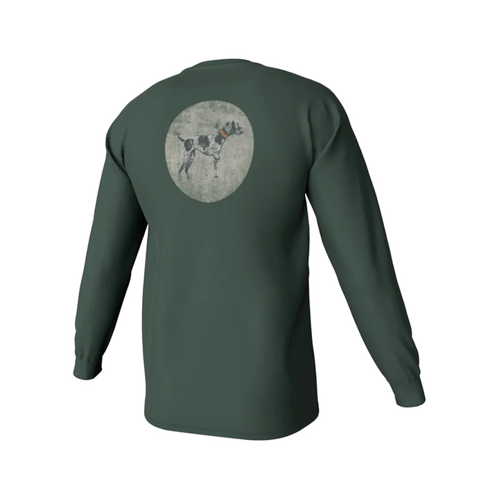 That Store duck green long sleeve tee with a vintage circle dog graphic on the back, made from soft cotton blend.