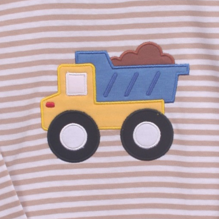 That Store boys cotton tee featuring a brown stripe pattern and a colorful dump truck applique detail.