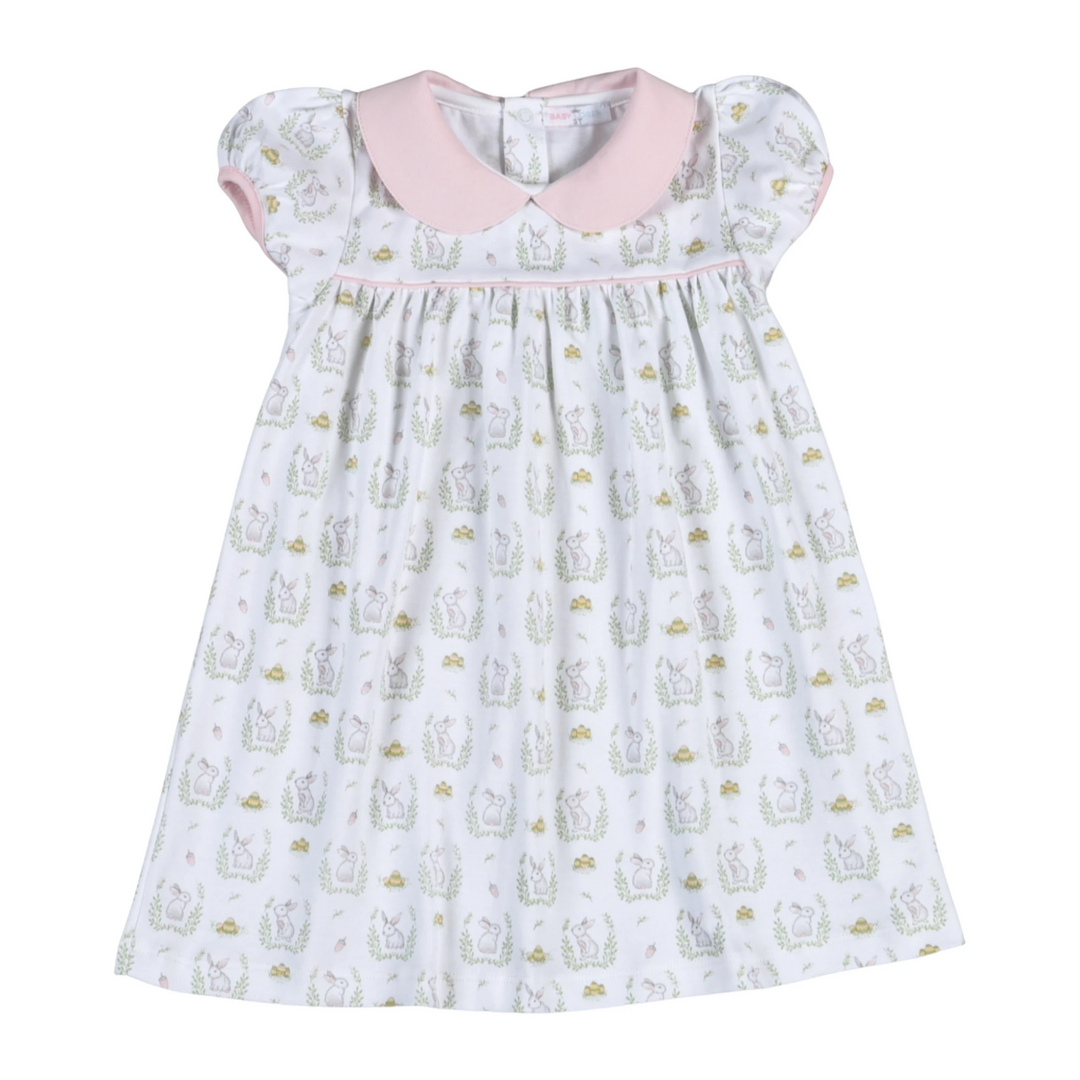That Store pink and white Pima cotton Easter dress with bunny and egg print and a rounded collar