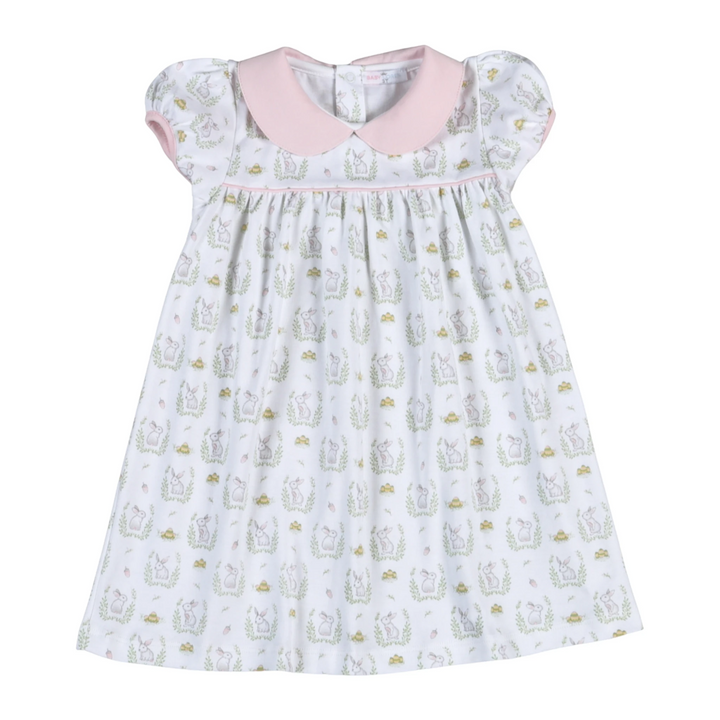 That Store pink and white Pima cotton Easter dress with bunny and egg print and a rounded collar