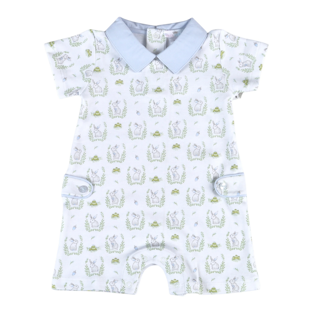 That Store baby boy romper in white Pima cotton with blue collar and whimsical Easter bunny and egg print pattern.
