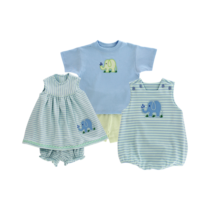 That Store Ele-Fun Times blue cotton short set featuring playful elephant appliqué for boys.