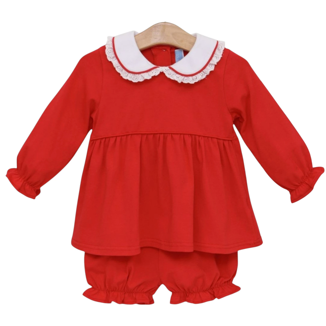 That Store Eleanor girls red cotton bloomer set with a white lace-trimmed Peter Pan collar and ruffled sleeves.