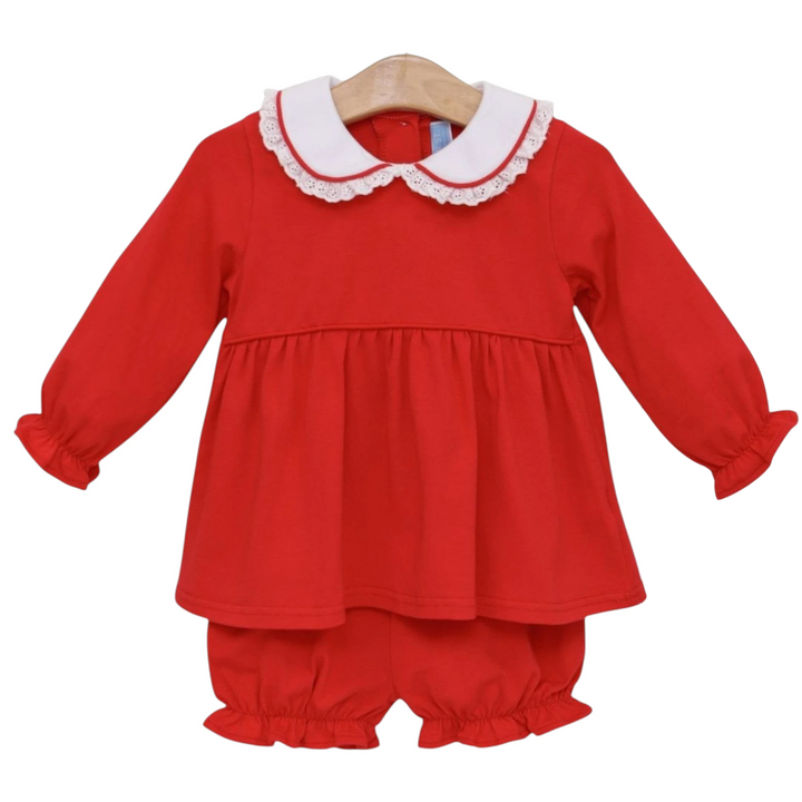 That Store Eleanor girls red cotton bloomer set with a white lace-trimmed Peter Pan collar and ruffled sleeves.