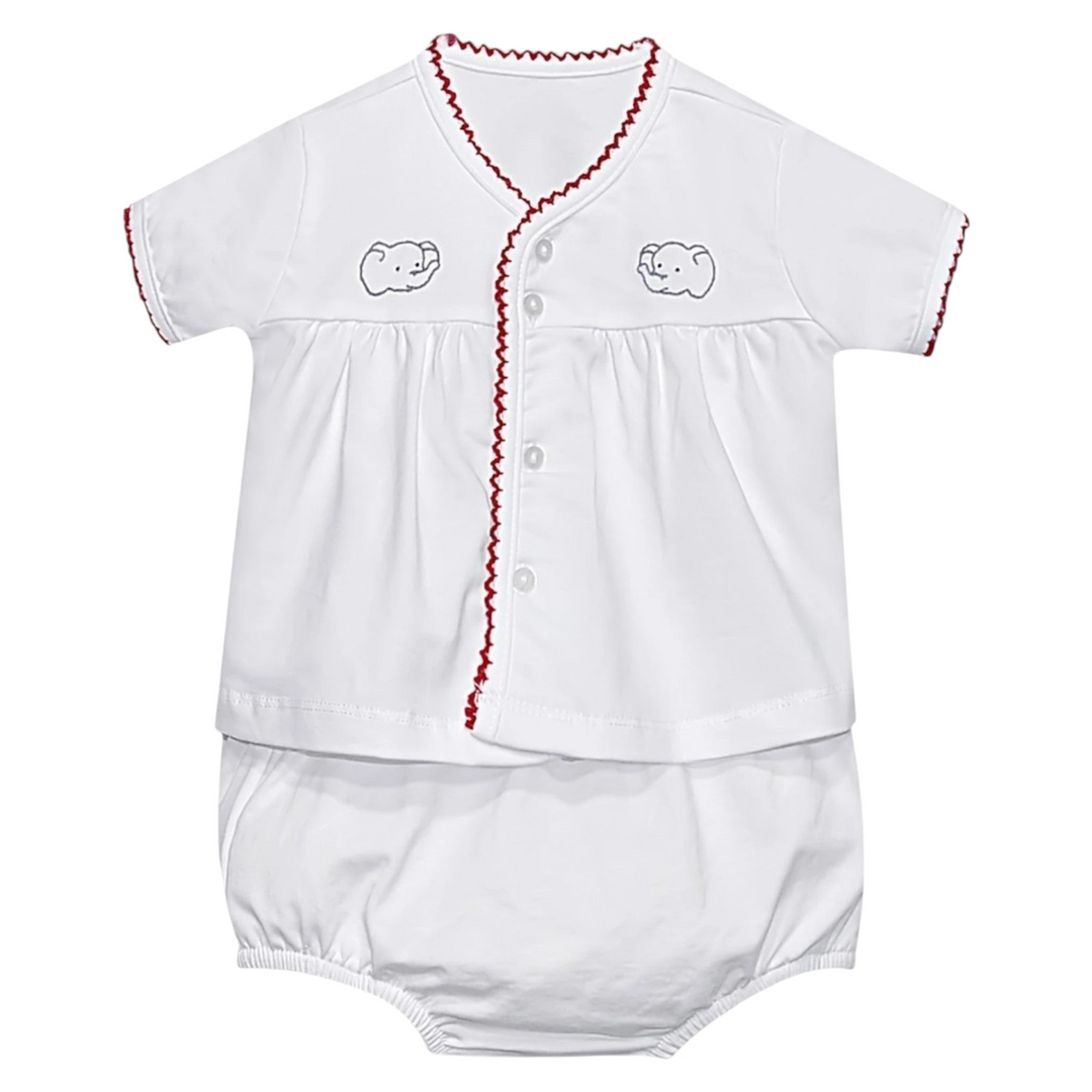 That Store white cotton diaper set with crimson trim and elephant embroidery for infants