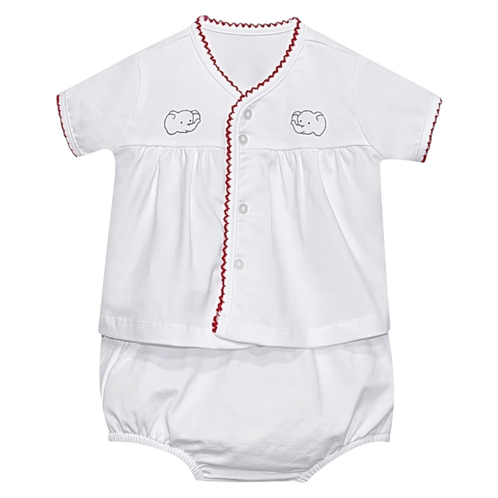 That Store white cotton diaper set with crimson trim and elephant embroidery for infants