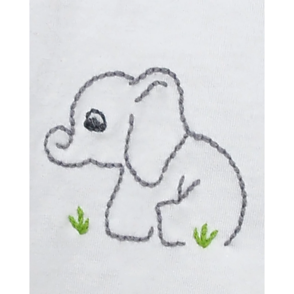 That Store elephant embroidery detail on a white cotton baby daygown with gray outline and green grass accents