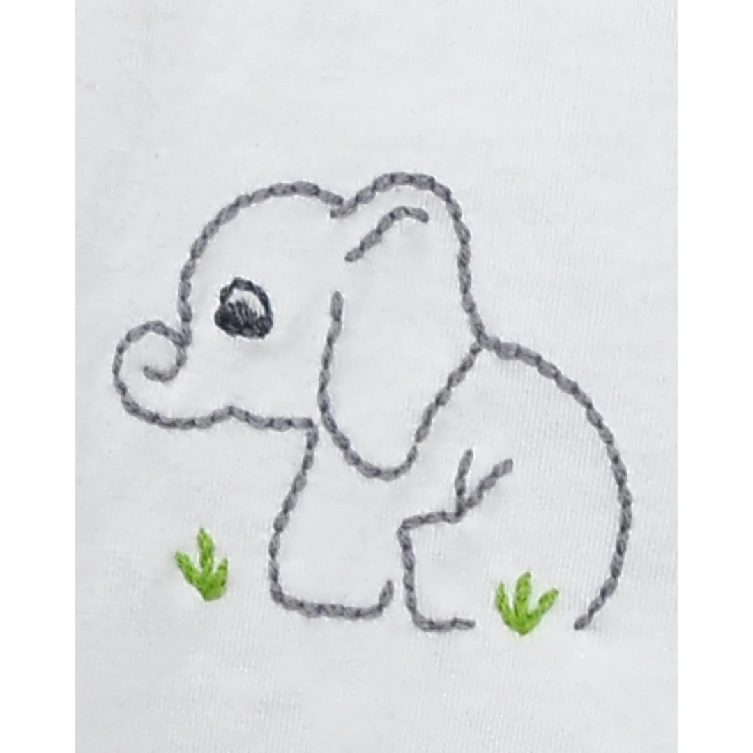 That Store elephant embroidery detail on a white cotton baby daygown with gray outline and green grass accents