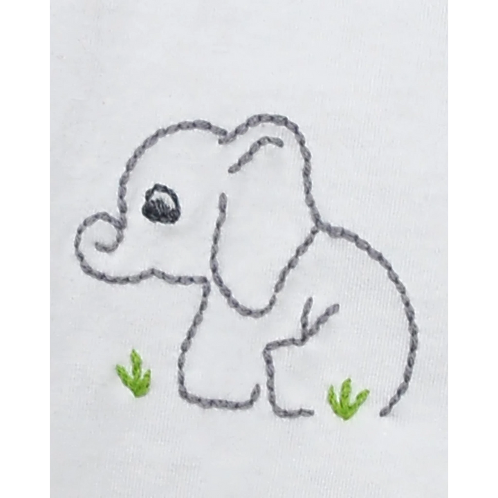 That Store elephant embroidery detail on a white cotton baby daygown with gray outline and green grass accents