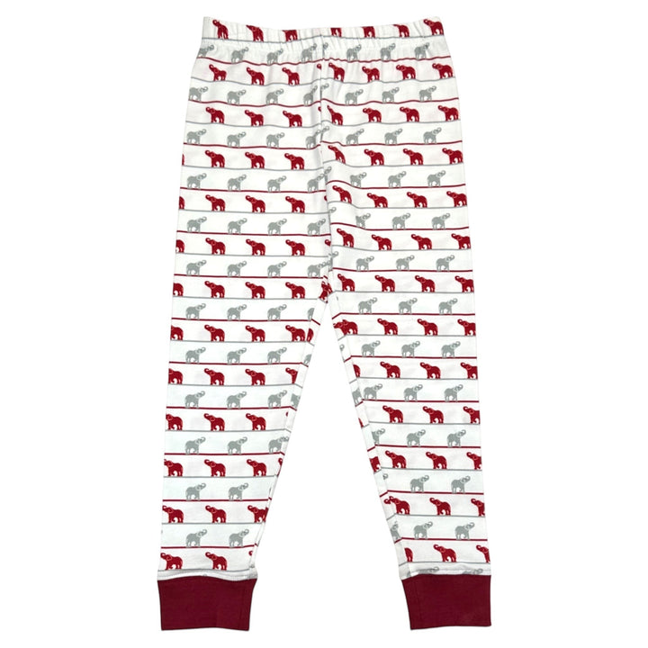That Store Elephant Ruffle PJ set pants featuring a grey and crimson elephant print on white cotton fabric