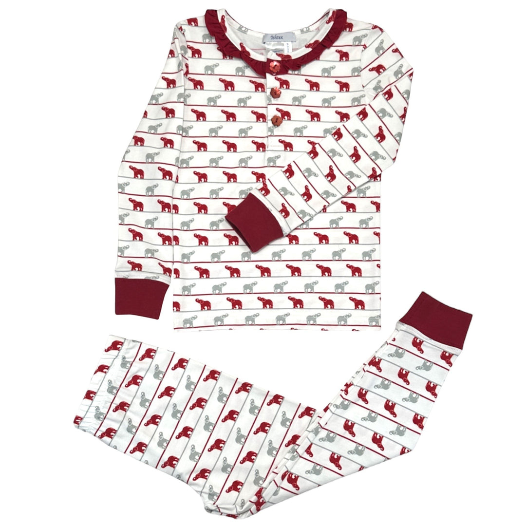 That Store Elephant Ruffle PJ set featuring grey and crimson elephant print with a crimson ruffle collar and cuffs.