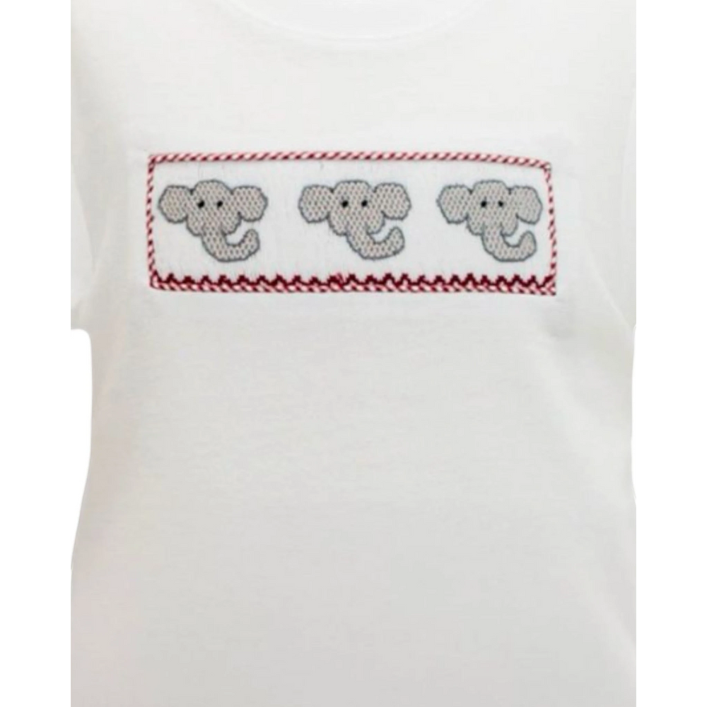That Store white cotton shirt featuring a smocked panel with three grey elephant motifs and crimson red trim