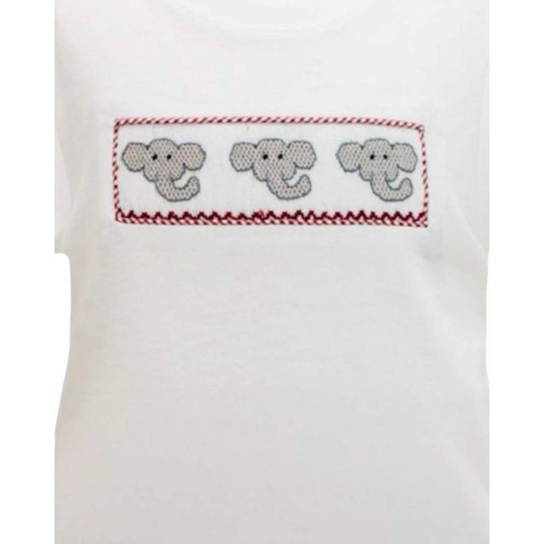 That Store white cotton shirt featuring a smocked panel with three grey elephant motifs and crimson red trim