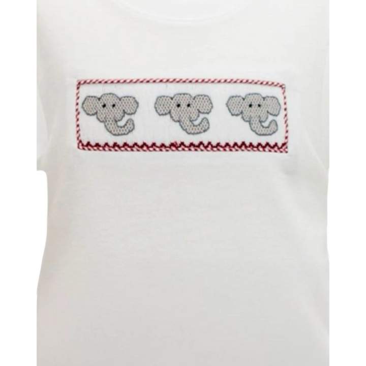 That Store white cotton shirt featuring a smocked panel with three grey elephant motifs and crimson red trim
