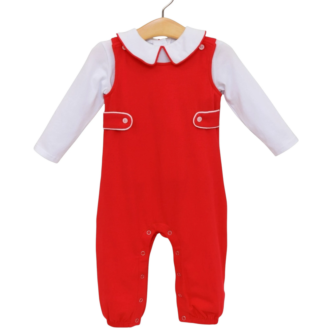 That Store Elijah boys red cotton jon jon set with white long-sleeve collared shirt and button details