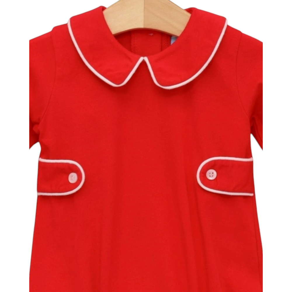 That Store Elijah boys red cotton bubble with white piping, peter pan collar, and buttoned side tabs.