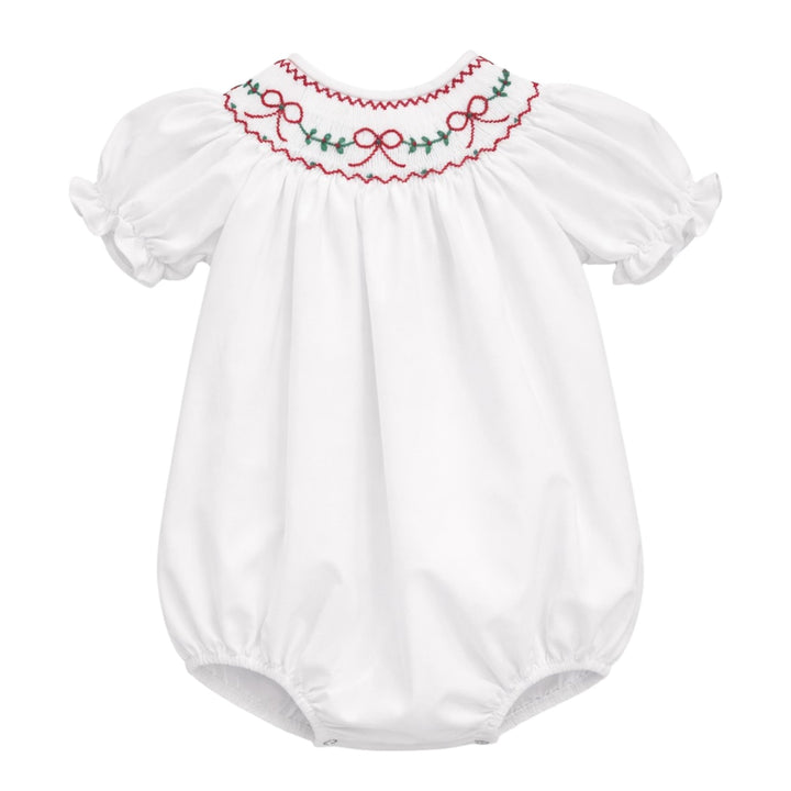 That Store white cotton girls bubble with red bow and green holly embroidery on a scallop collar for Christmas