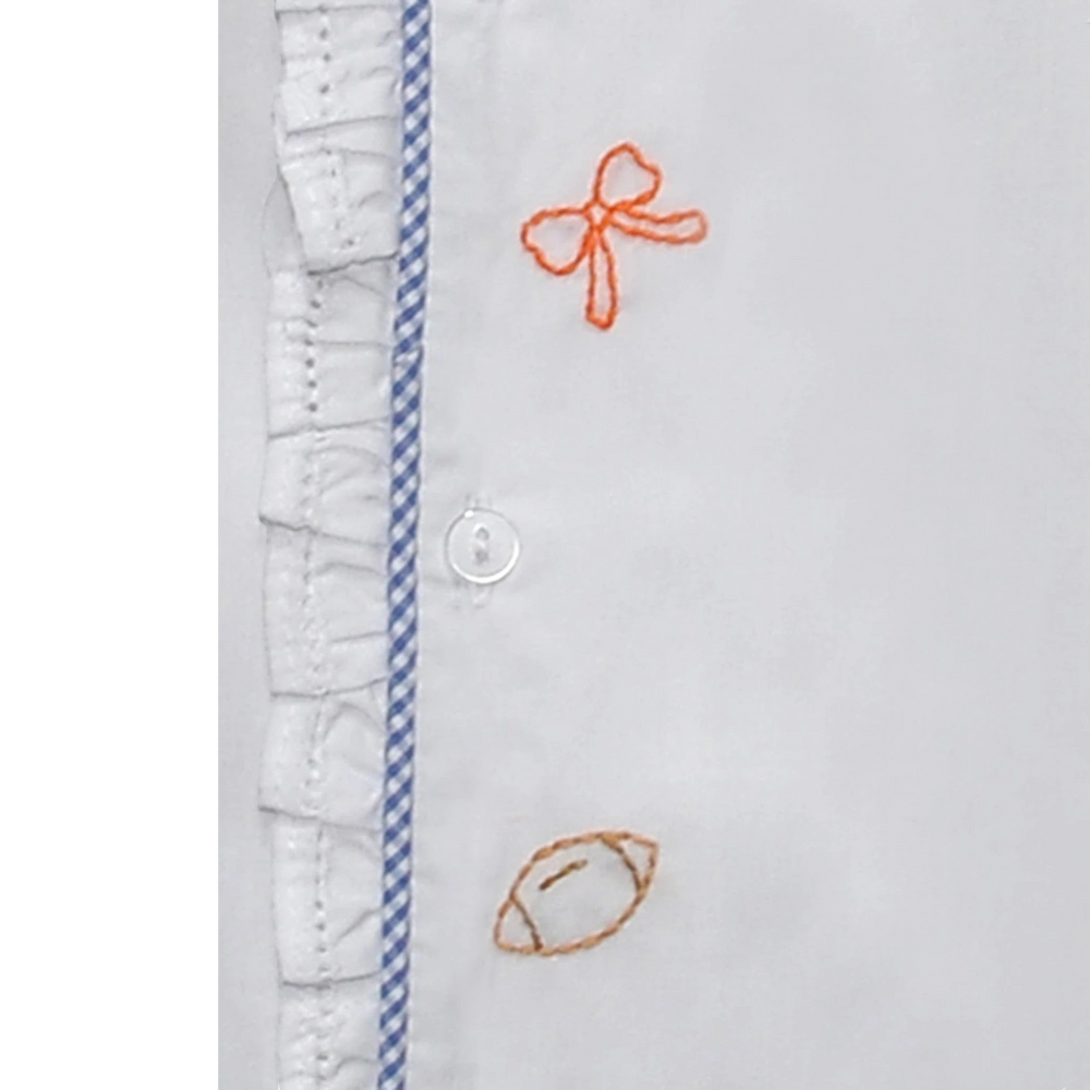 That Store Southern Saturday white daygown with blue gingham trim and orange bow and football embroidery