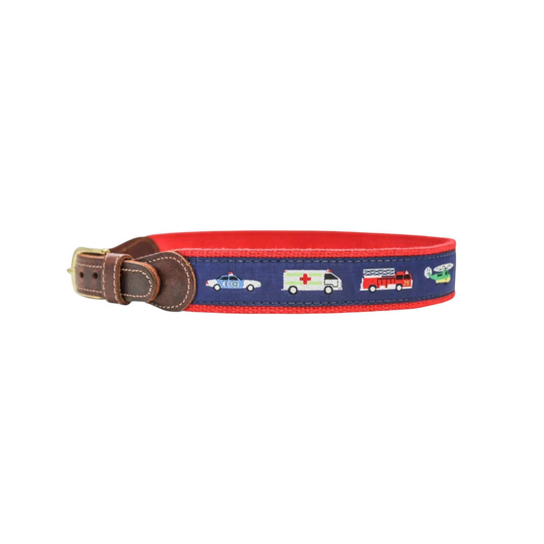 That Store boys emergency vehicle belt with rescue truck print, red trim, and brown leather accents on blue webbing