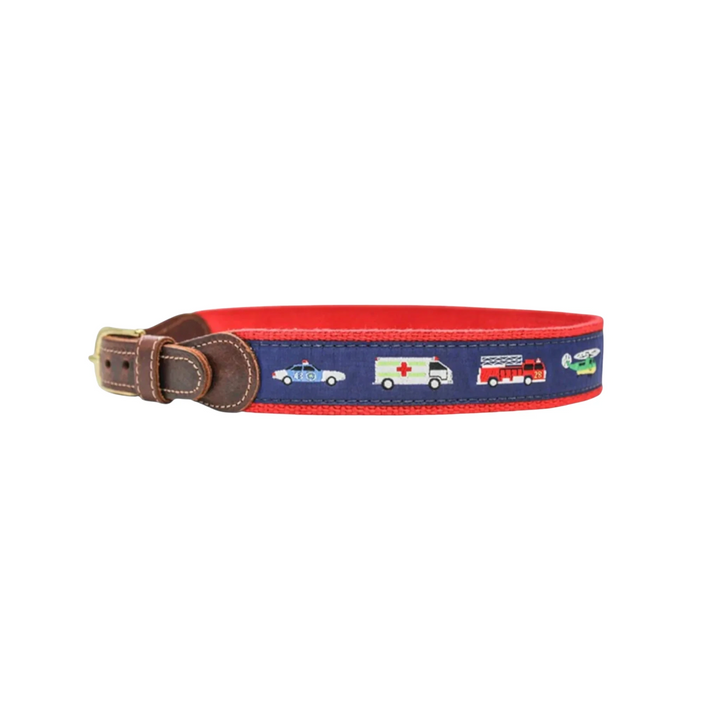 That Store boys emergency vehicle belt with rescue truck print, red trim, and brown leather accents on blue webbing