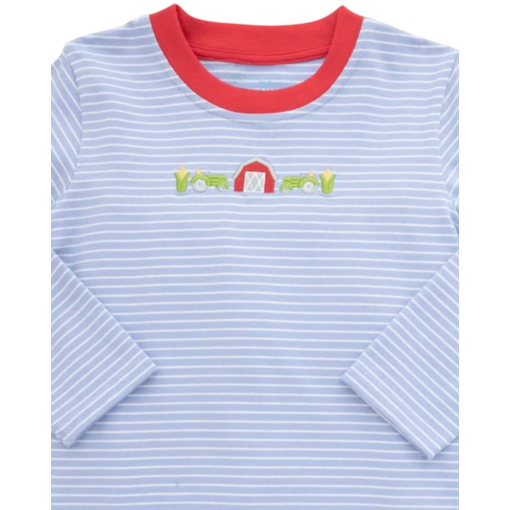 That Store boys blue and white striped long sleeve shirt with farm-themed barn and tractor embroidery and red collar
