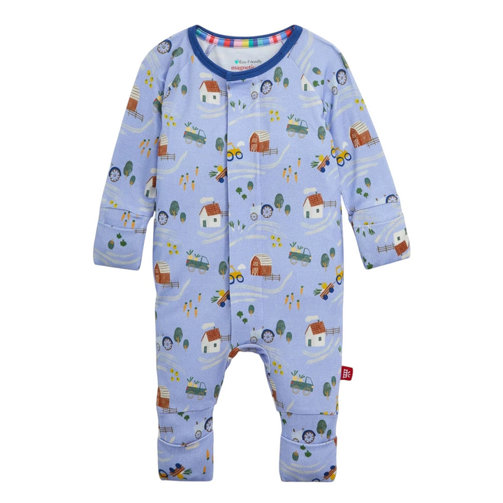 That Store Farm To Cradle modal magnetic convertible baby coverall in light blue with a whimsical farm print