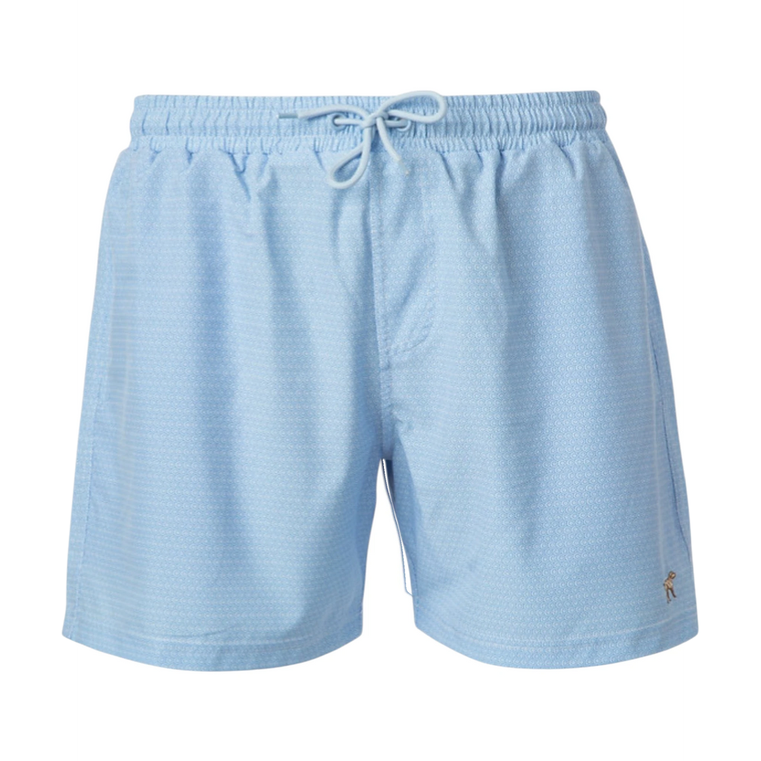 That Store Fieldstone boys blue swim trunks with a diamond pattern, featuring a drawstring waist and quick-dry fabric.