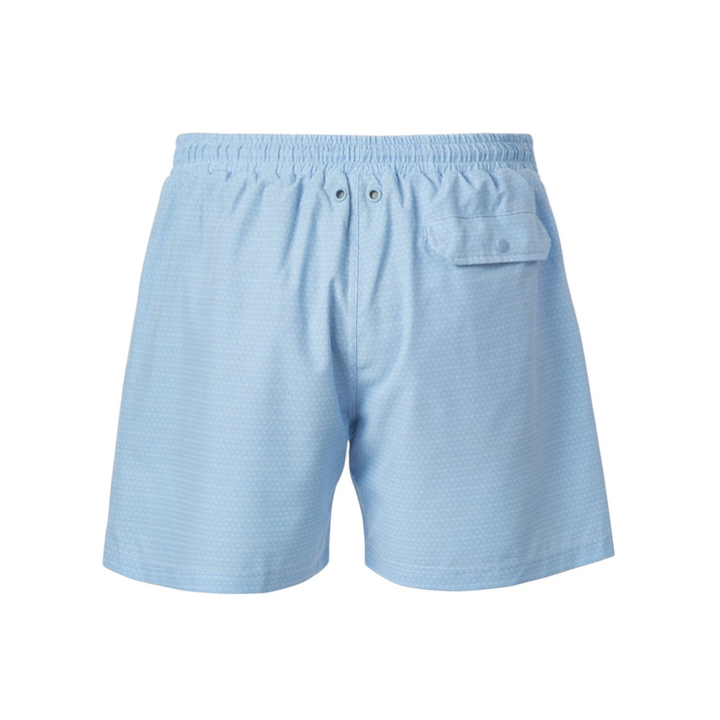 That Store Fieldstone boys blue swim trunks with a diamond pattern, elastic waistband, and back pocket.