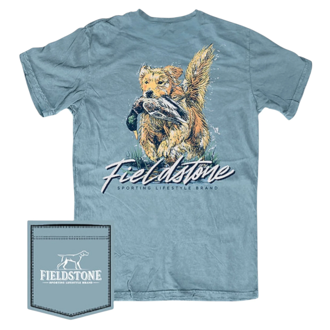 That Store Fieldstone youth saltwater blue cotton t-shirt with golden retriever and duck graphic on the back