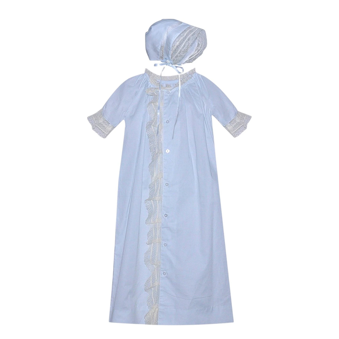 That Store Finn boys daygown in light blue with delicate ecru lace trim and matching baby bonnet