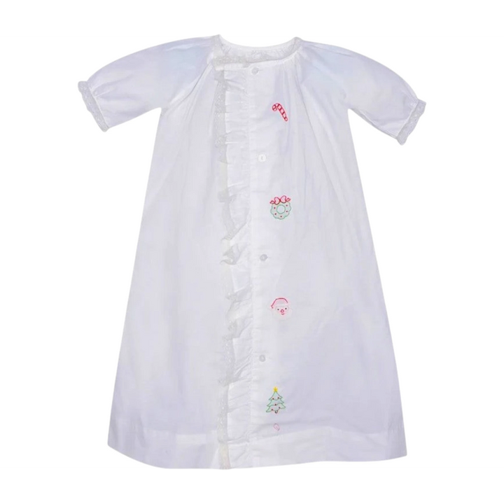 That Store Finn white baby girls daygown with festive holiday embroidery, ruffled lace trim, and front button closure.