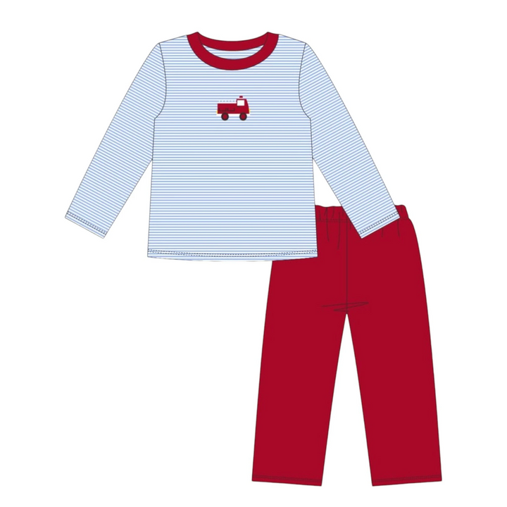 That Store boys two-piece set with a blue striped long-sleeve shirt featuring a fire truck and solid red pants.