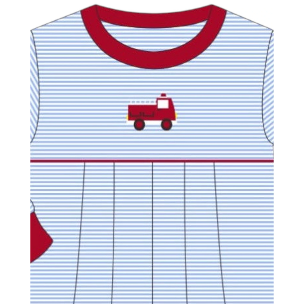 That Store boys romper with blue stripes and a red embroidered fire truck design on soft cotton blend fabric.