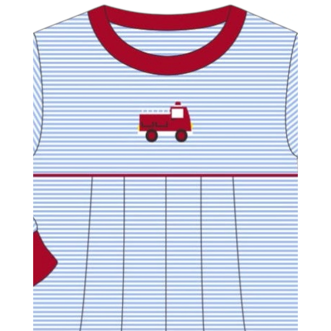 That Store boys romper with blue stripes and a red embroidered fire truck design on soft cotton blend fabric.