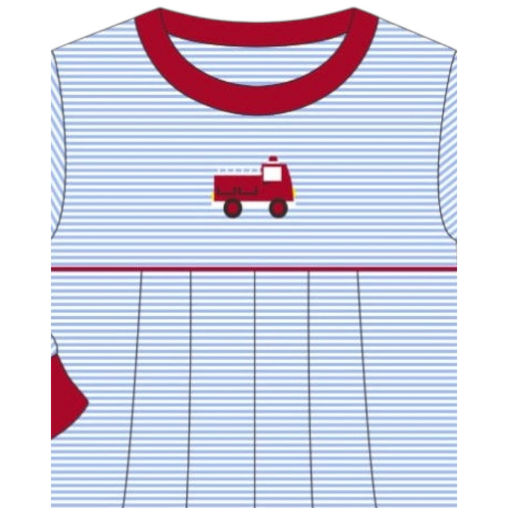 That Store boys romper with blue stripes and a red embroidered fire truck design on soft cotton blend fabric.