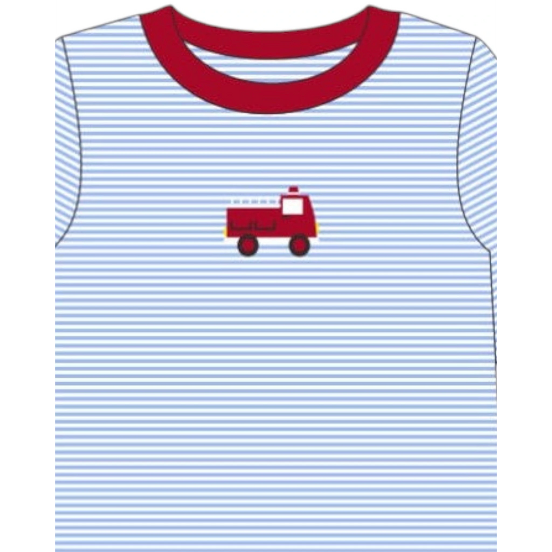 That Store boys cotton shirt with blue stripes and a red embroidered fire truck design and red crew neck trim