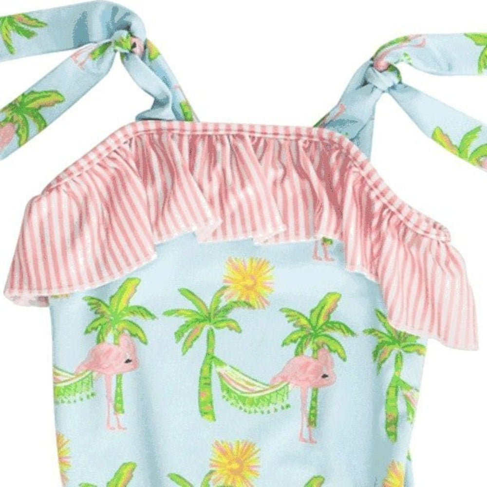 That Store J Bailey flamingo print one-piece swimsuit in light blue with a pink striped ruffle and tie-shoulder straps