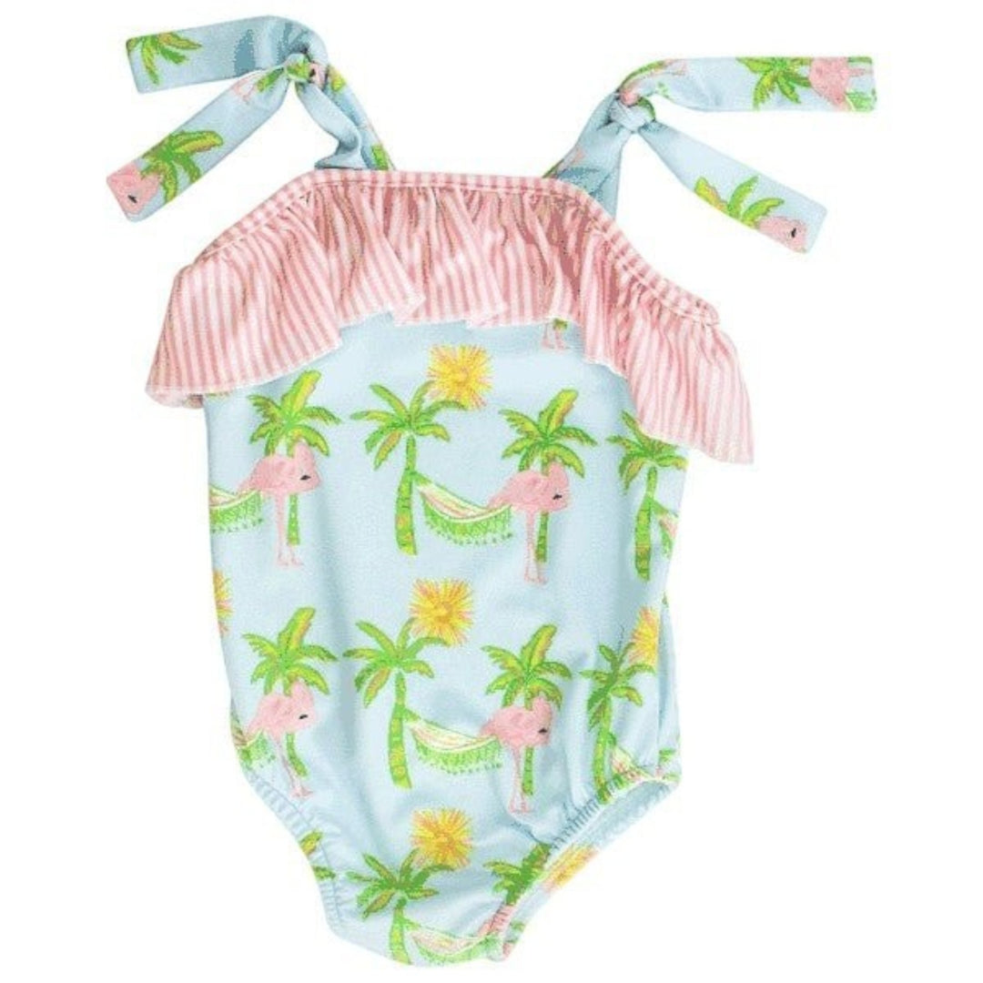 That Store J Bailey flamingo print one-piece swimsuit for girls with a pink striped ruffle and tie-shoulder straps.