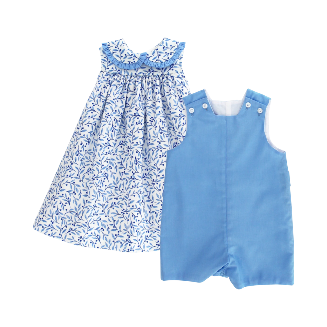 That Store Summer Breeze floral blue cotton float dress paired with a matching solid blue cotton romper set