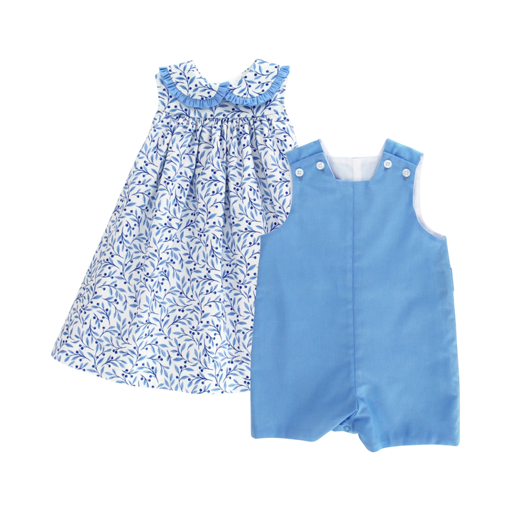 That Store Summer Breeze floral blue cotton float dress paired with a matching solid blue cotton romper set